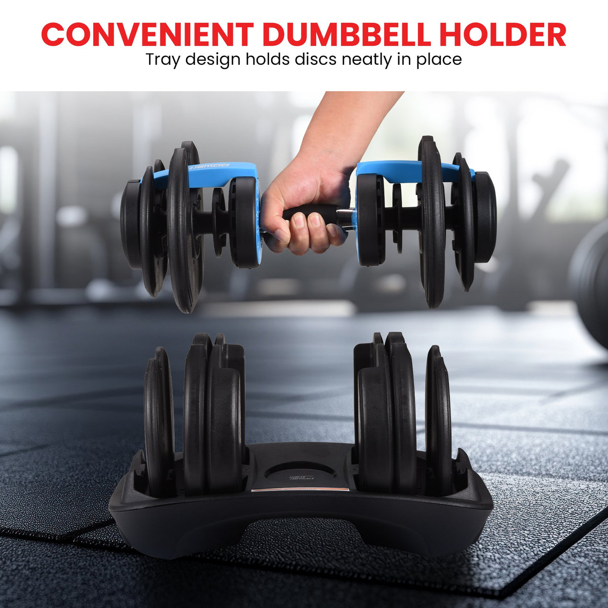Powertrain 48kg Adjustable Dumbbells Set with Stand, Quick Dial Free Weights for Home Gym Strength Training - Blue