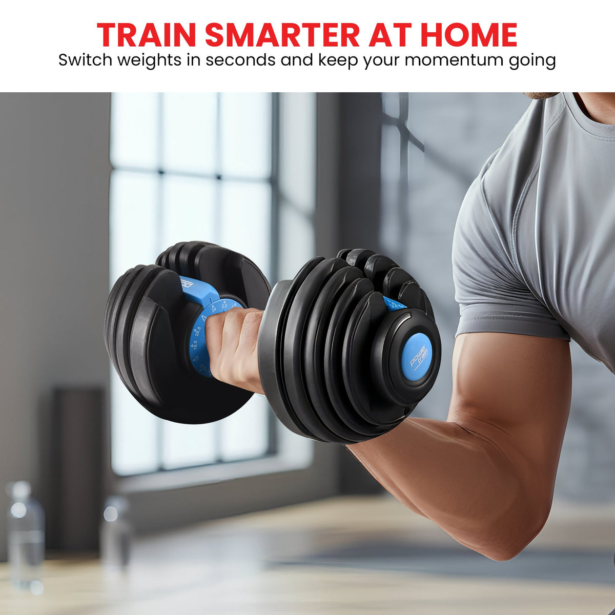Powertrain 48kg Adjustable Dumbbells Set with Stand, Quick Dial Free Weights for Home Gym Strength Training - Blue
