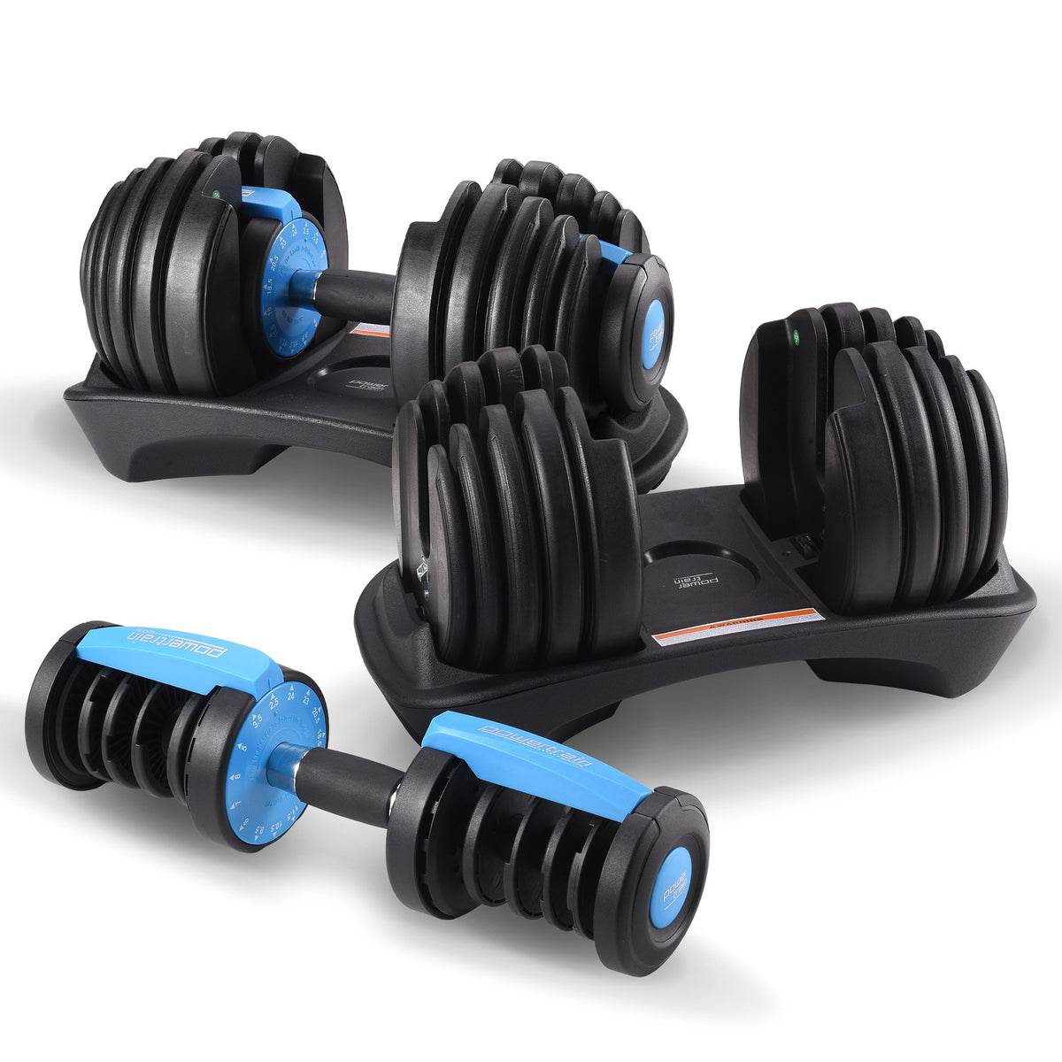 Powertrain 48kg Adjustable Dumbbells Set with Stand, Quick Dial Free Weights for Home Gym Strength Training - Blue