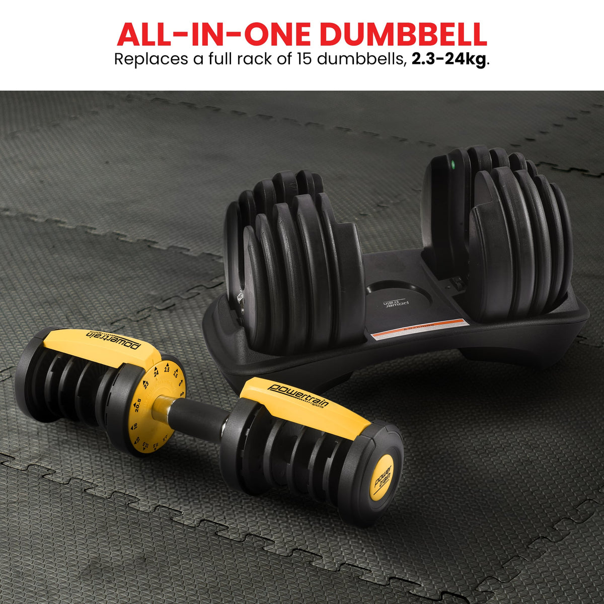 Powertrain 48kg Adjustable Dumbbells Set with Stand, Quick Dial Free Weights for Home Gym Strength Training - Gold