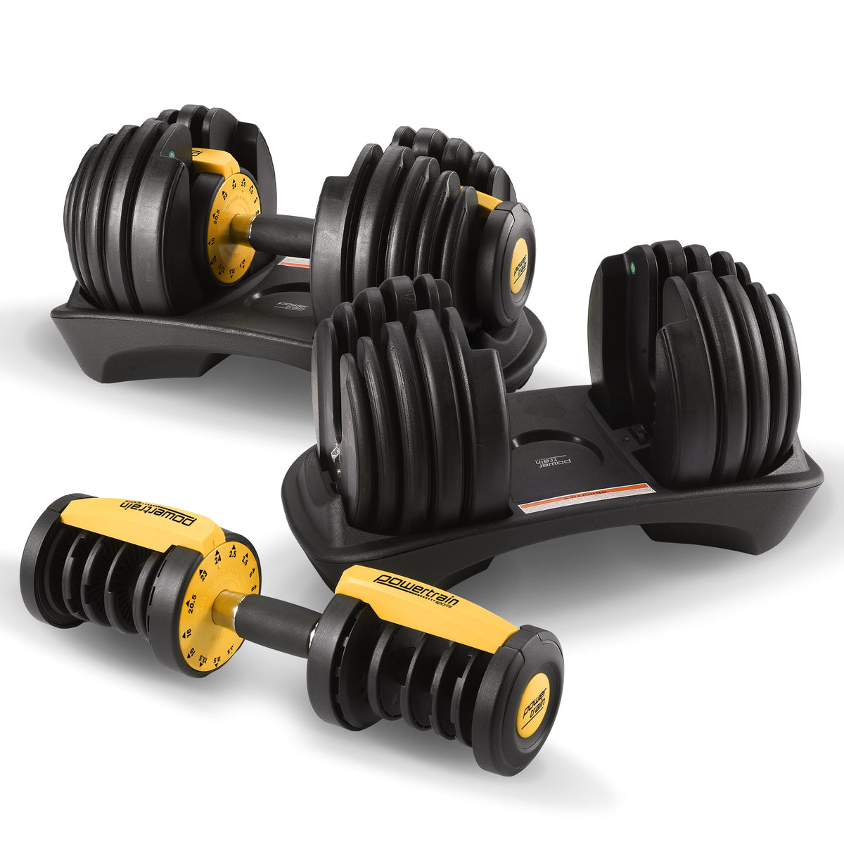 Powertrain 48kg Adjustable Dumbbells Set with Stand, Quick Dial Free Weights for Home Gym Strength Training - Gold