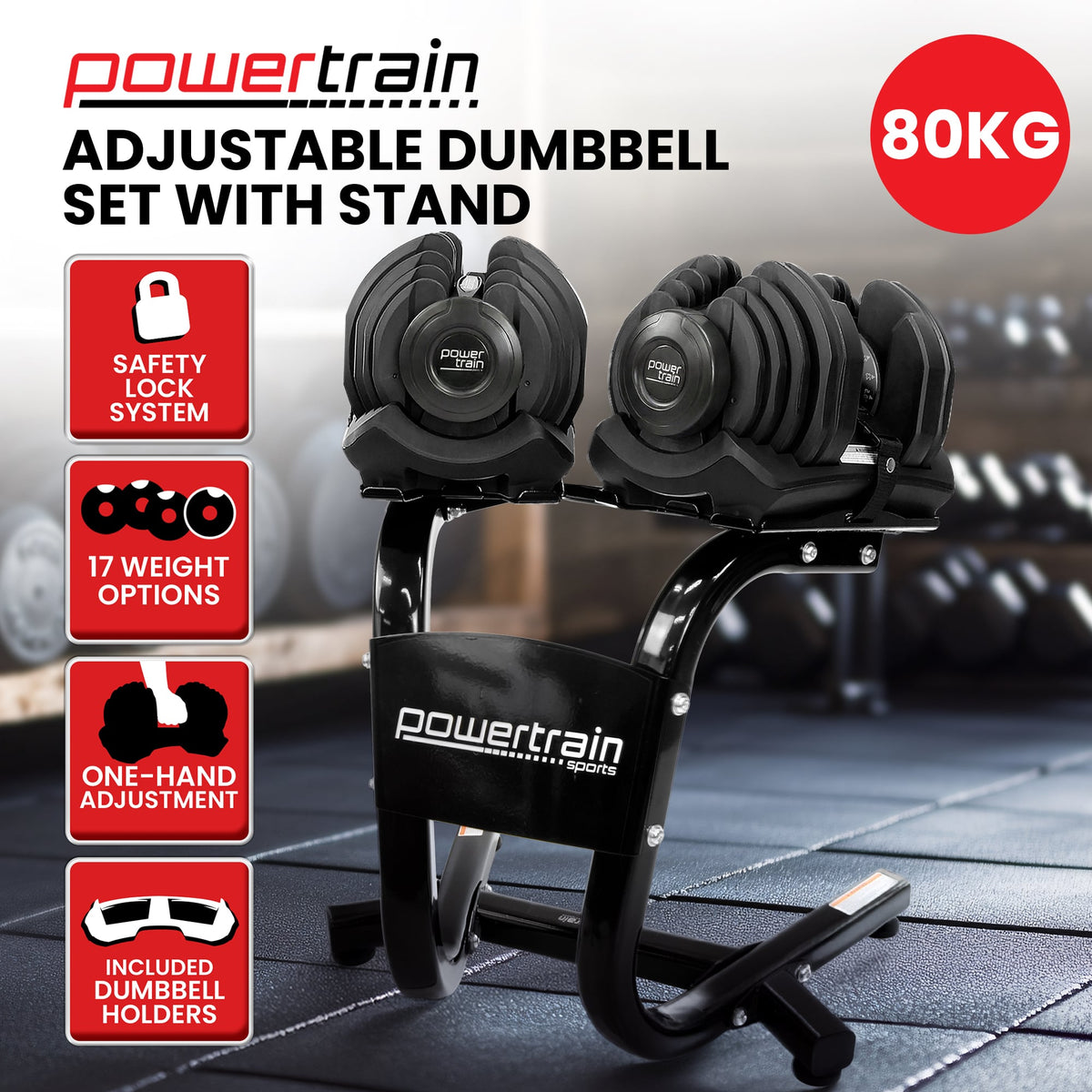 Powertrain 80kg Adjustable Dumbbells Set with Stand Pair 40kg Each Dial Free Weights Home Gym Strength Training
