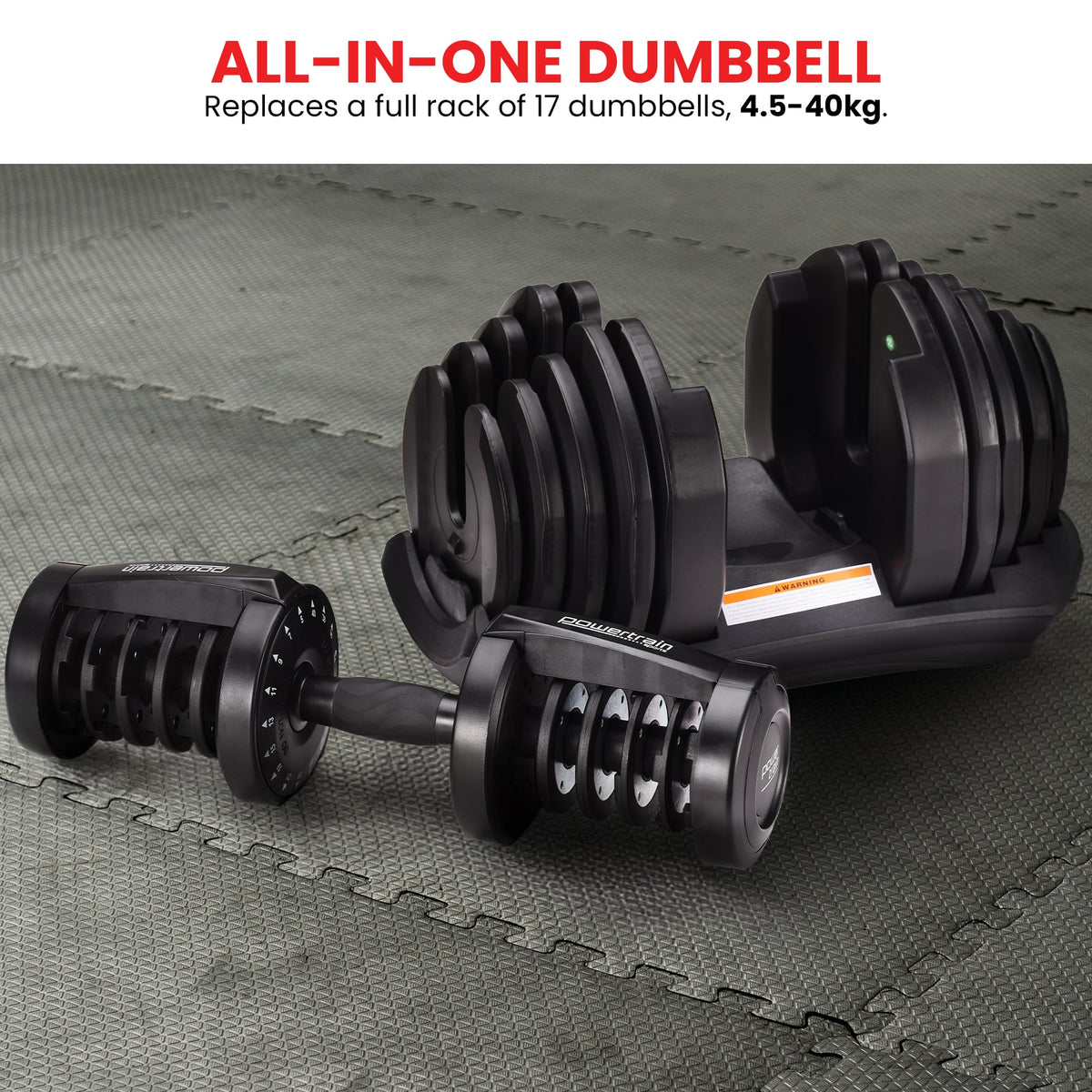 Powertrain 80kg Adjustable Dumbbells Set with Stand Pair 40kg Each Dial Free Weights Home Gym Strength Training