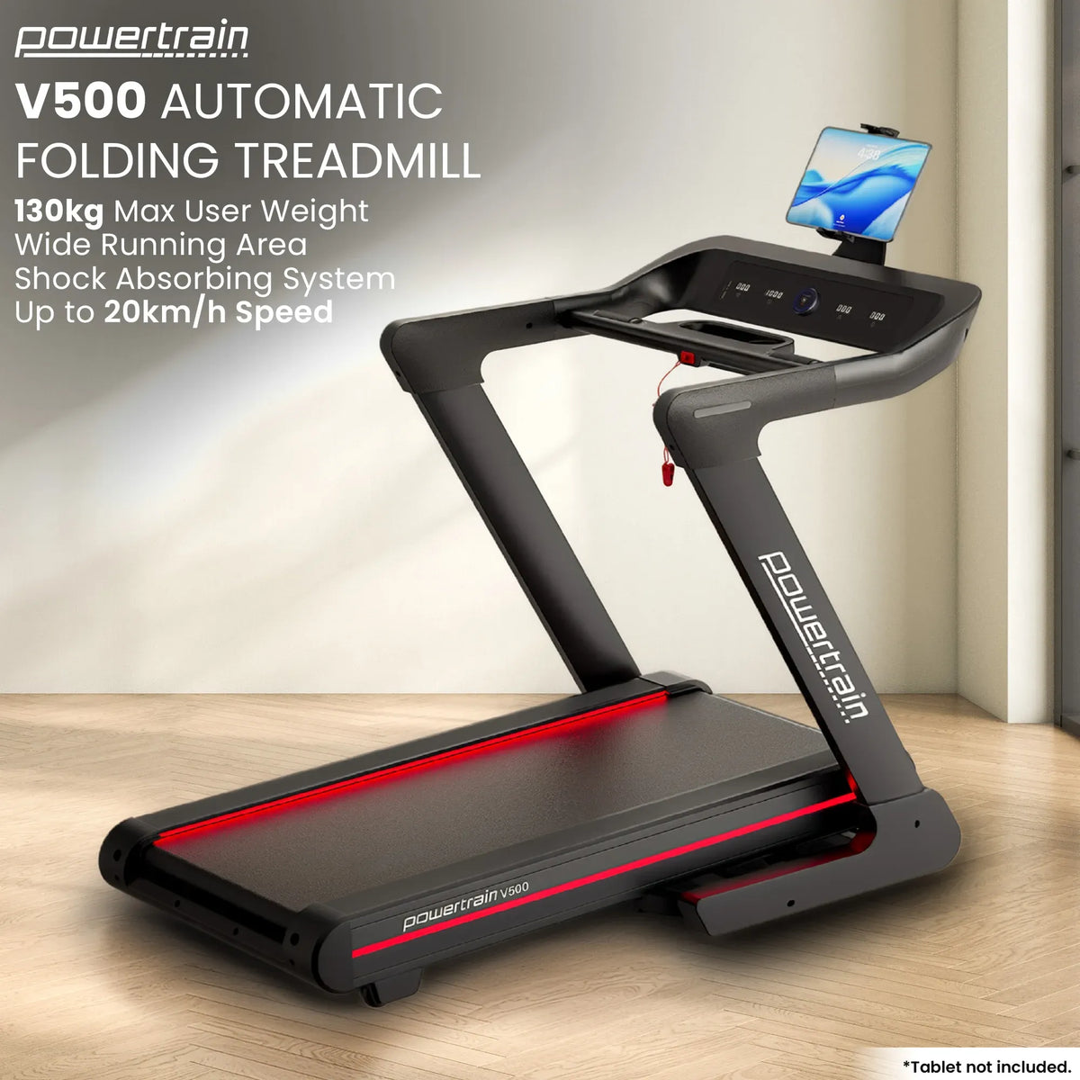 Powertrain V500 3HP Foldable Treadmill Electric Running Machine 20kmph Auto Incline Bluetooth Home Gym Cardio 130kg