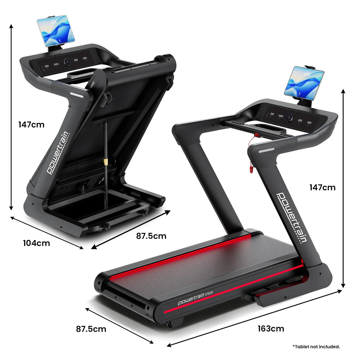 Powertrain V500 3HP Foldable Treadmill Electric Running Machine 20kmph Auto Incline Bluetooth Home Gym Cardio 130kg