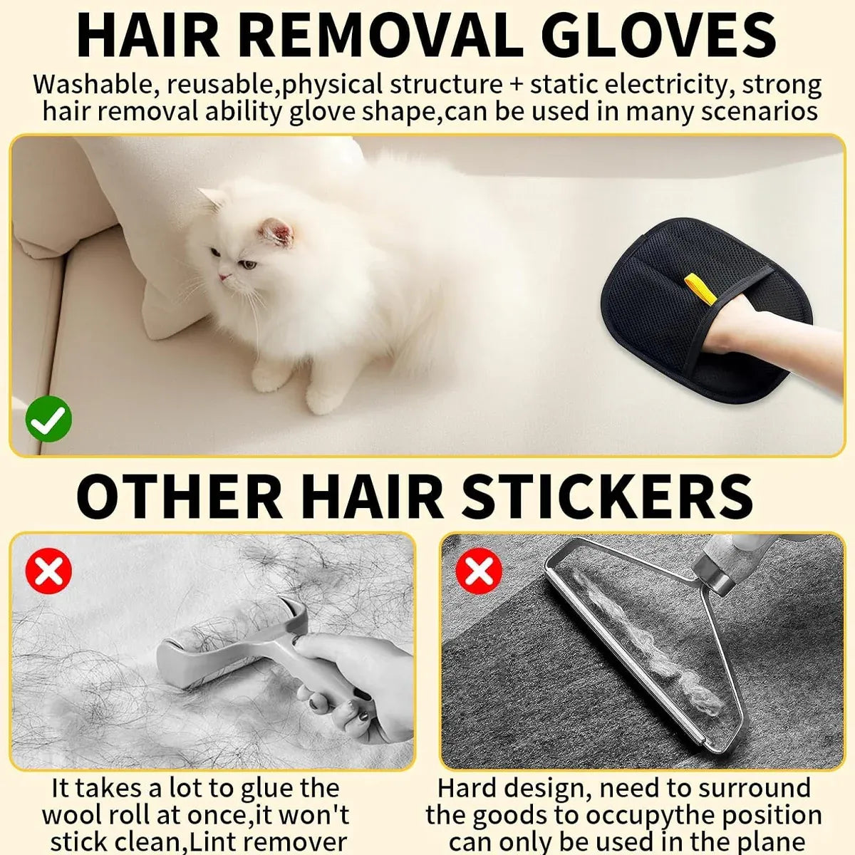 2PCS Dual Direction Pet Static Hair Removal Cleaning Gloves Universal Size