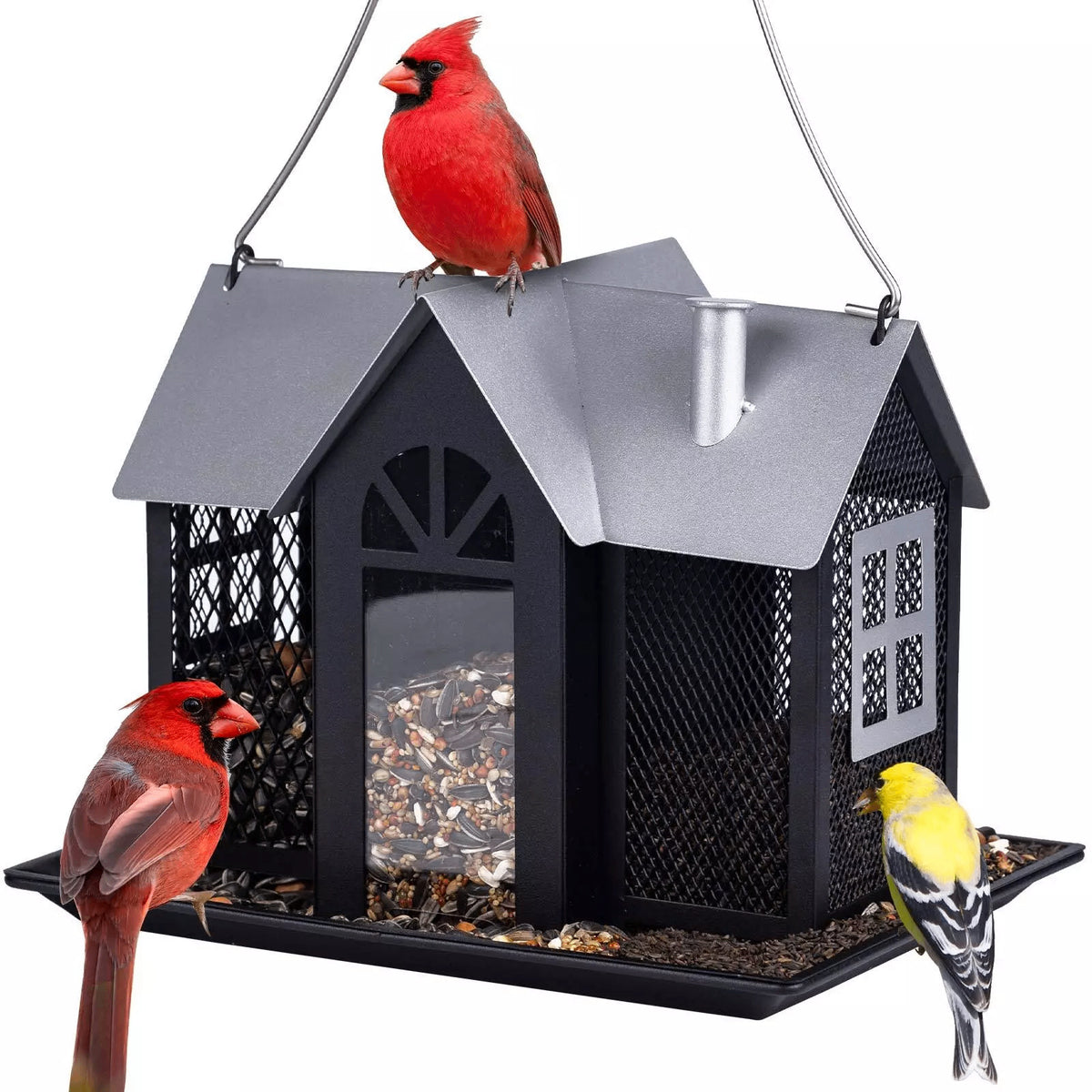 Charming House-Shaped Hanging Bird Feeder - Durable Metal Design for Wild Birds(black)