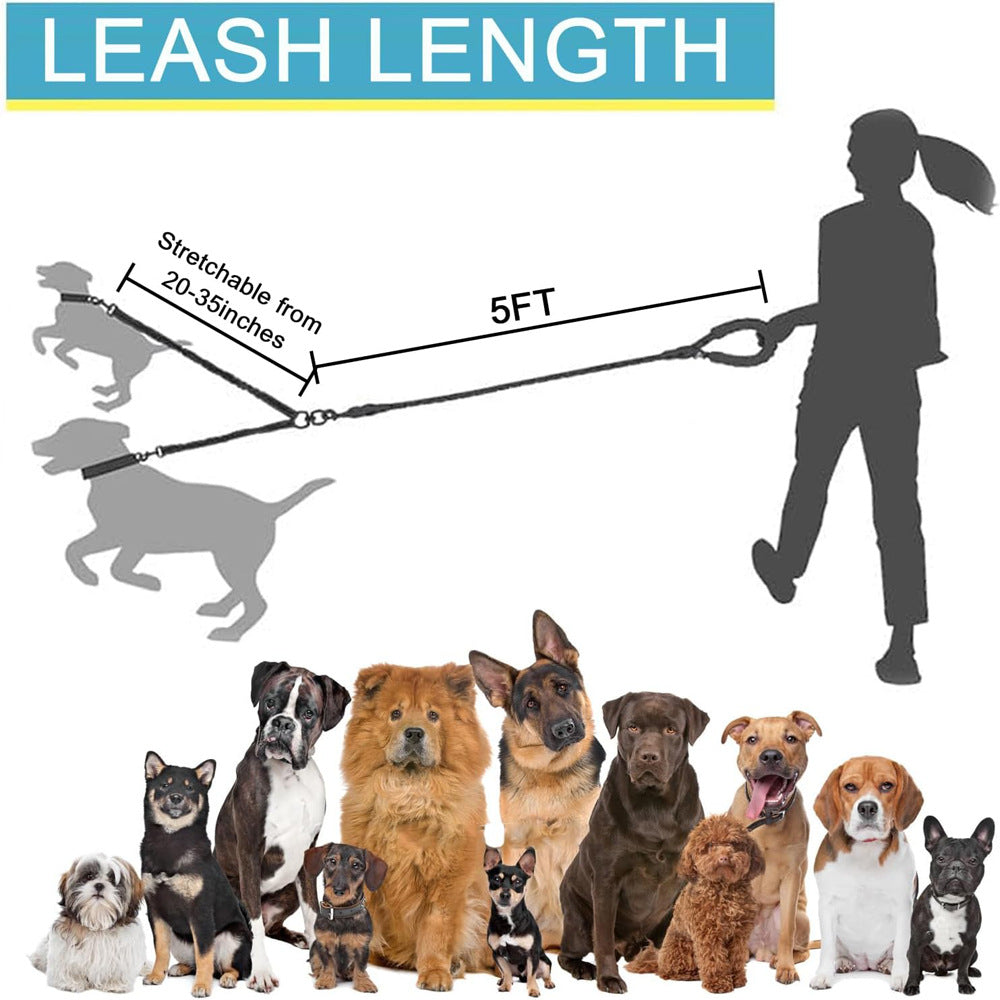 Black 3-in-1 Tangle-Free Dog Leash for 1-3 Dogs - Heavy Duty Bungee Coupler with Reflective Stitching & Padded Handle