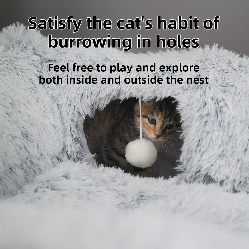 2-in-1 Dark Grey Tie-Dye Donut-Shaped Cat Tunnel Bed -  Spacious 85cm Pet Play Tunnel & Lounger, Durable Fabric for Cats & Kittens