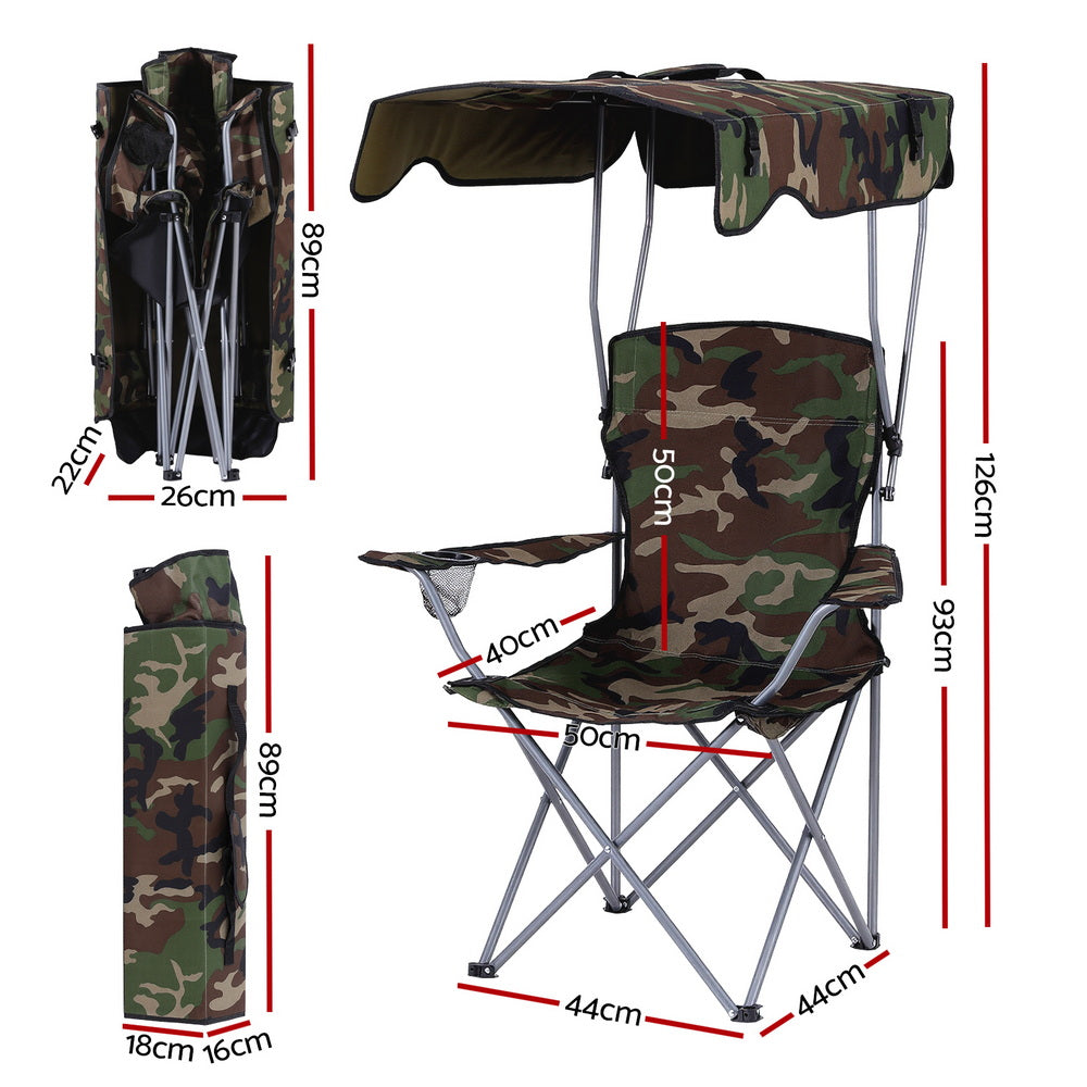 Weisshorn Camping Chair With Canopy Folding Outdoor Portable Seat Lightweight Beach Picnic Fishing Capacity 120KG Army Green