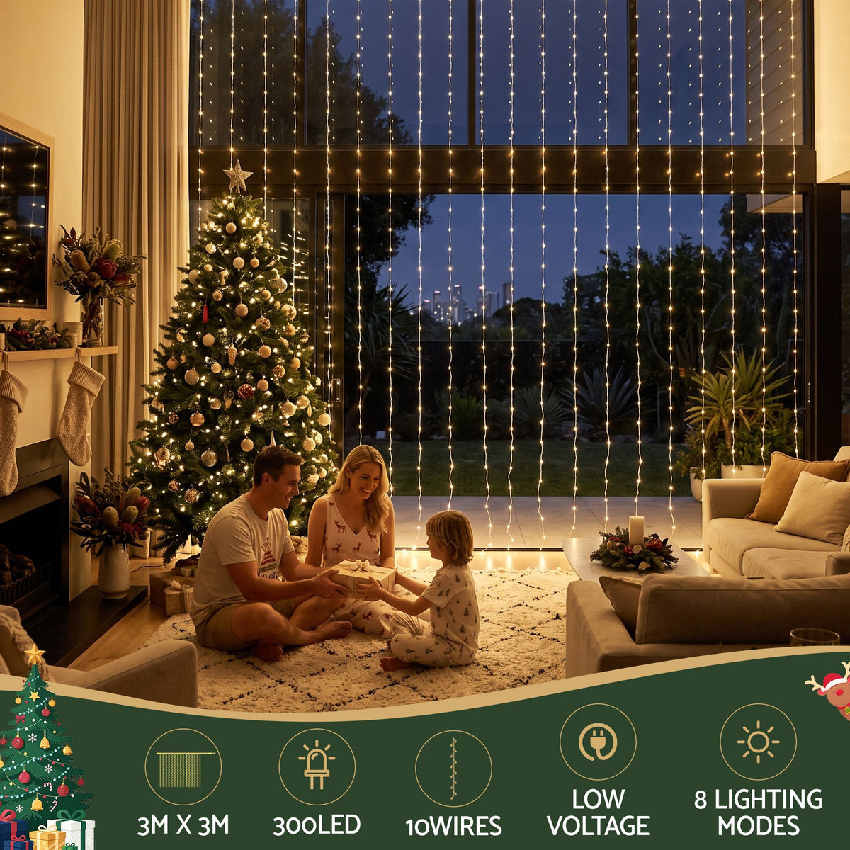 Jingle Jollys 3X3M Christmas Lights Curtain String Light 300 LED Warm White